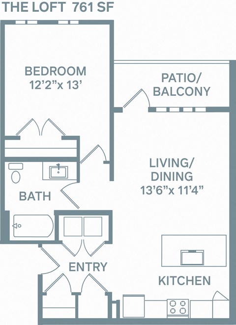 floor plan of a bedroom apartment with a bathroom and a living room at The Quarry, Fort Collins Colorado